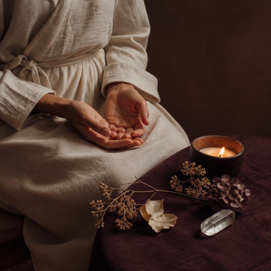 Open hands resting in the lap beside a candle and clear quartz crystal