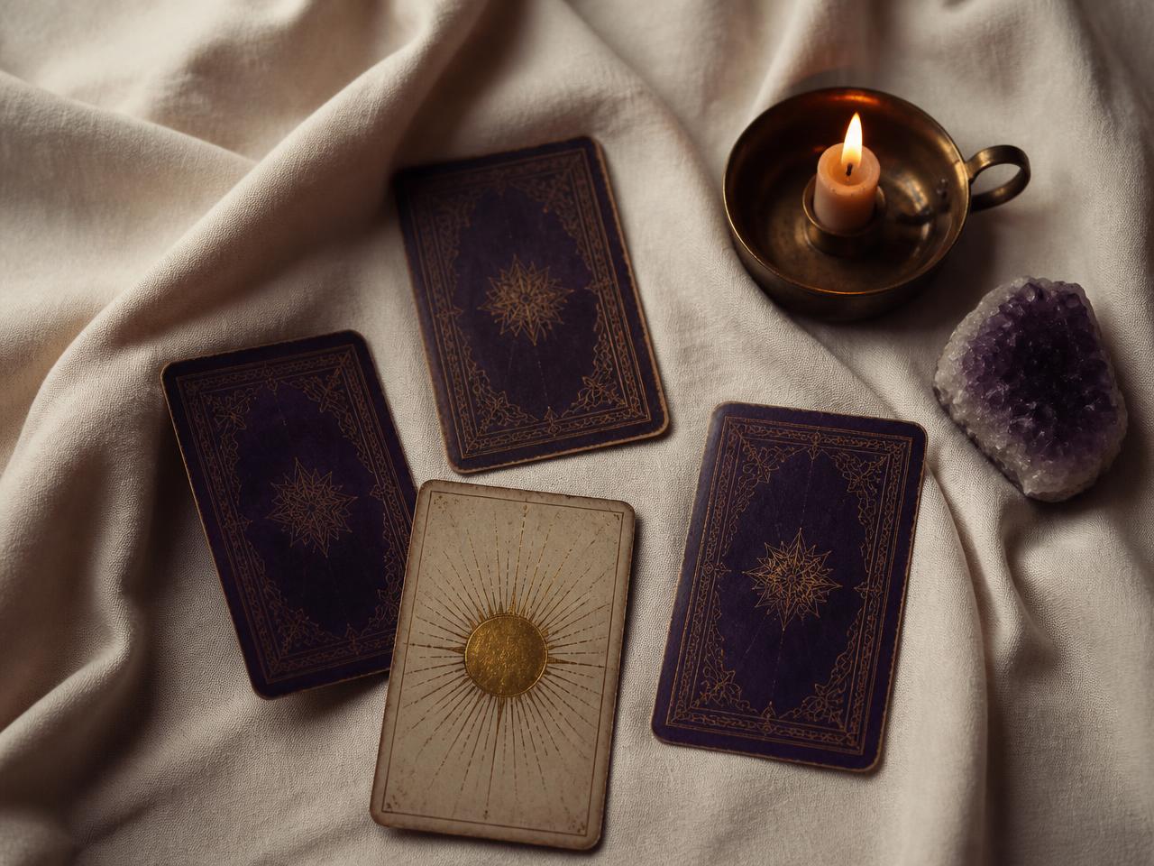 Tarot cards, a lit candle and an amethyst crystal on ivory linen